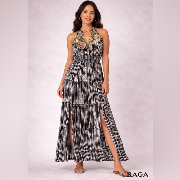 RAGA Dresses & Skirts - Raga Maxi Dress Medium Black Ivory Tiered Boho Halter Embroidered  100% Viscose